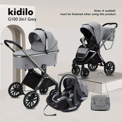 0-3 Years 3 in 1 Kidilo Baby Stroller with Car Seat, Non-Toxic Durable Foldable Travel Stroller for Toddlers Family Trips G100+C