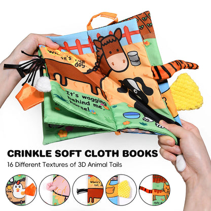 Jollybaby Custom 3D Animal Tail Soft Cotton Cloth Learning Book Cloths Made Baby Sensory Crinkle Cloth Book Set Educational Toy