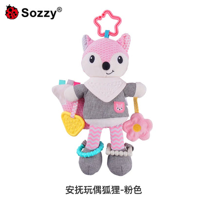 OEM Customizable Fox Baby Crib Plush Doll Soft Stuffed Animal Rattle with Teether Car Seat Stroller Hanging Toy