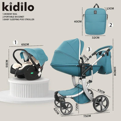 0-3 Years 3 in 1 Kidilo Baby Stroller with Car Seat, Non-Toxic Durable Foldable Travel Stroller for Toddlers Family Trips 609+C