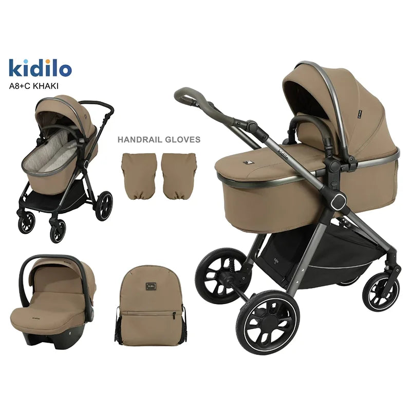0-3 Years 3 in 1 Kidilo Baby Stroller with Car Seat, Non-Toxic Durable Foldable Travel Stroller for Toddlers Family Trips A8+C