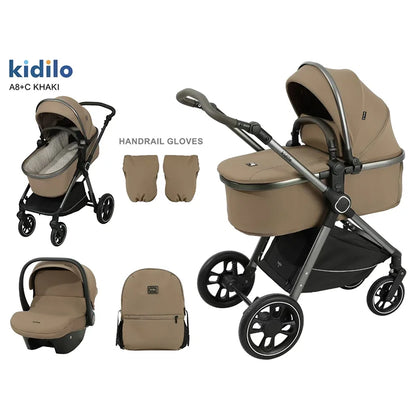 0-3 Years 3 in 1 Kidilo Baby Stroller with Car Seat, Non-Toxic Durable Foldable Travel Stroller for Toddlers Family Trips A8+C