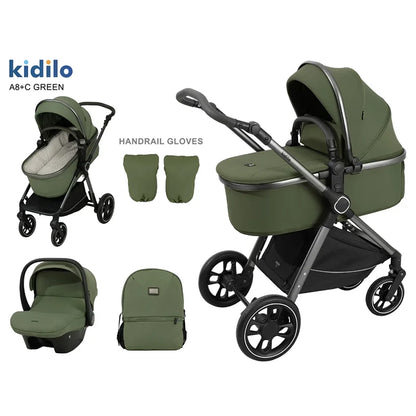 0-3 Years 3 in 1 Kidilo Baby Stroller with Car Seat, Non-Toxic Durable Foldable Travel Stroller for Toddlers Family Trips A8+C