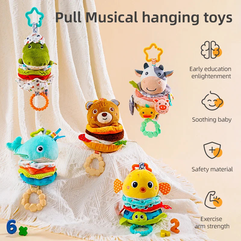 Custom Plush Animal Rattle Pull Musical Sensory Baby Hanging Musical Toy Play Jitter Toy with Music Box for Car Seat Stroller