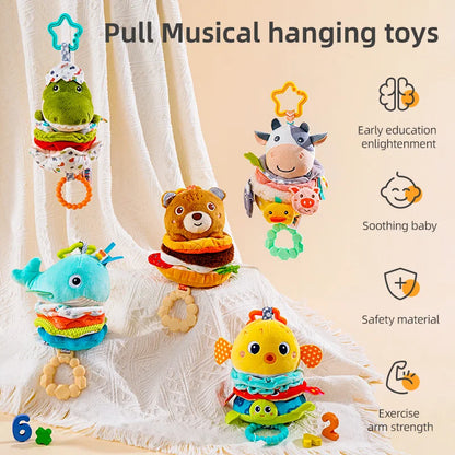 Custom Plush Animal Rattle Pull Musical Sensory Baby Hanging Musical Toy Play Jitter Toy with Music Box for Car Seat Stroller