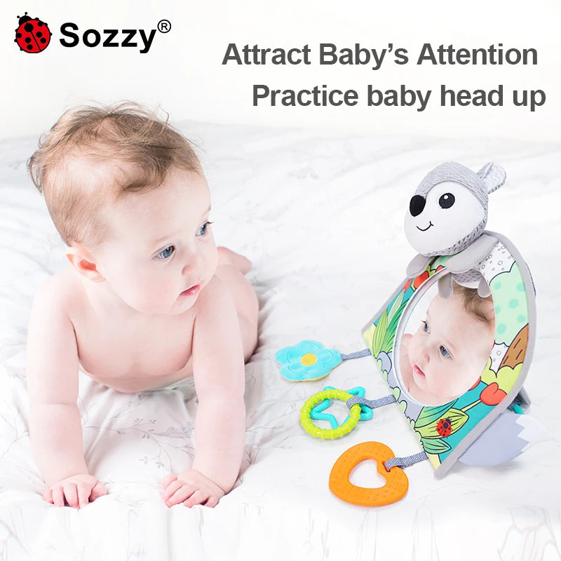 Sozzy Animal Tummy Time Mirror Traveling Baby Car Seat Stroller Hanging Toys with Mirror Teether