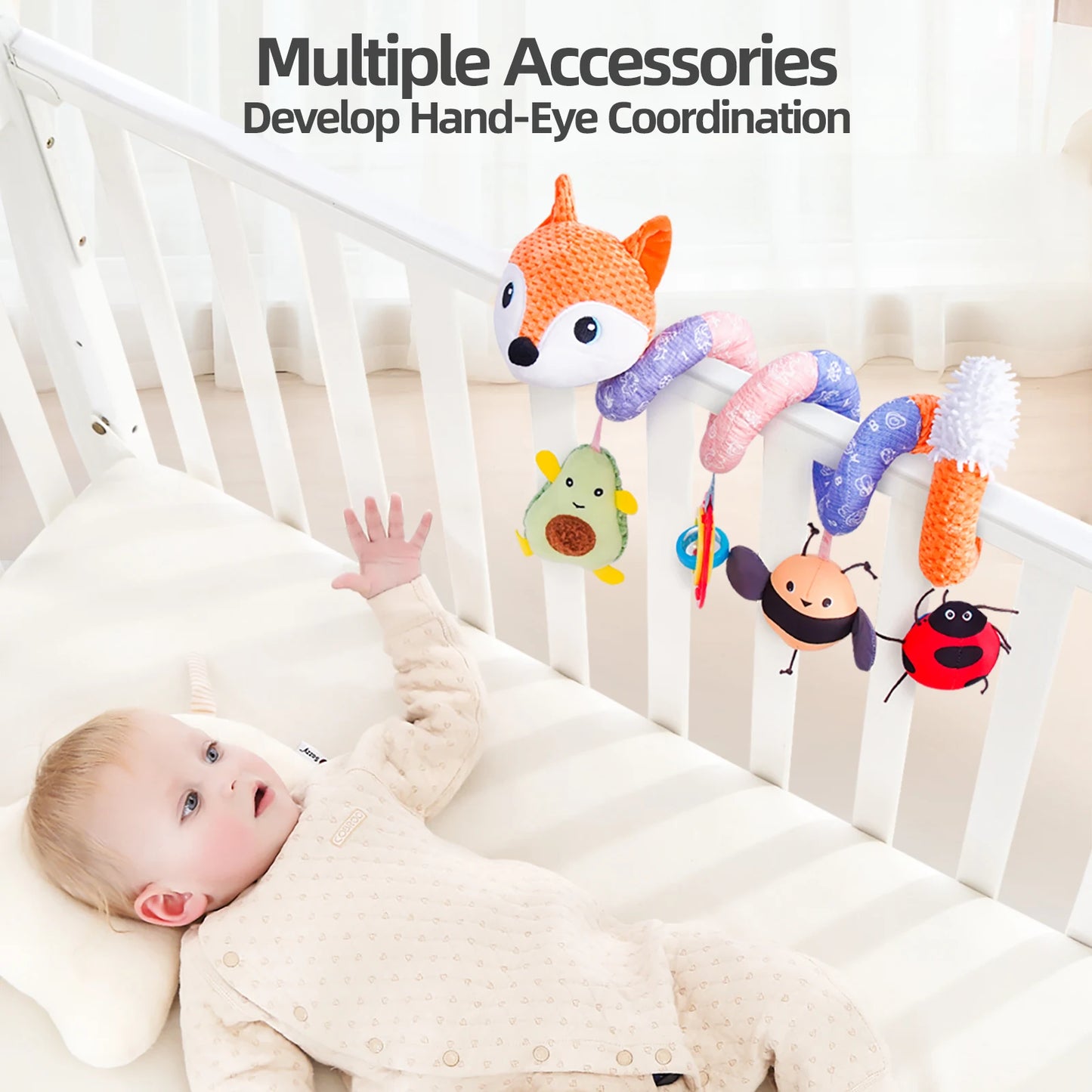 SOZZY Custom Fox Animal Crib Hanging Toy Cotton Spiral Baby Rattles for Stroller Activity Newborn Squeaker Toy