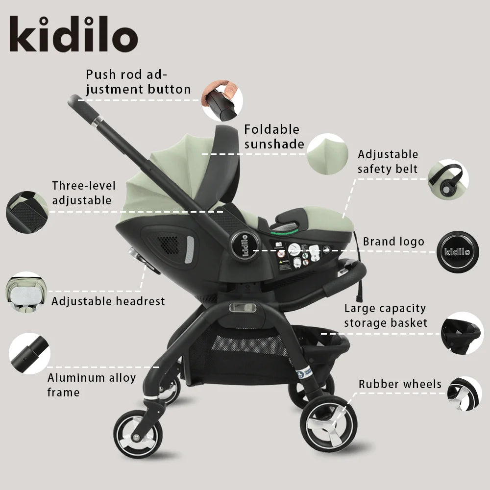 0-3 Years 3 in 1 Kidilo Baby Stroller with Car Seat, Non-Toxic Durable Foldable Travel Stroller for Toddlers Family Trips S366