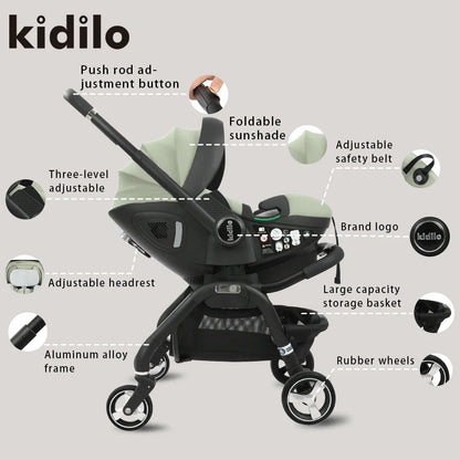 0-3 Years 3 in 1 Kidilo Baby Stroller with Car Seat, Non-Toxic Durable Foldable Travel Stroller for Toddlers Family Trips S366