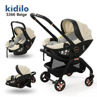 0-3 Years 3 in 1 Kidilo Baby Stroller with Car Seat, Non-Toxic Durable Foldable Travel Stroller for Toddlers Family Trips S366