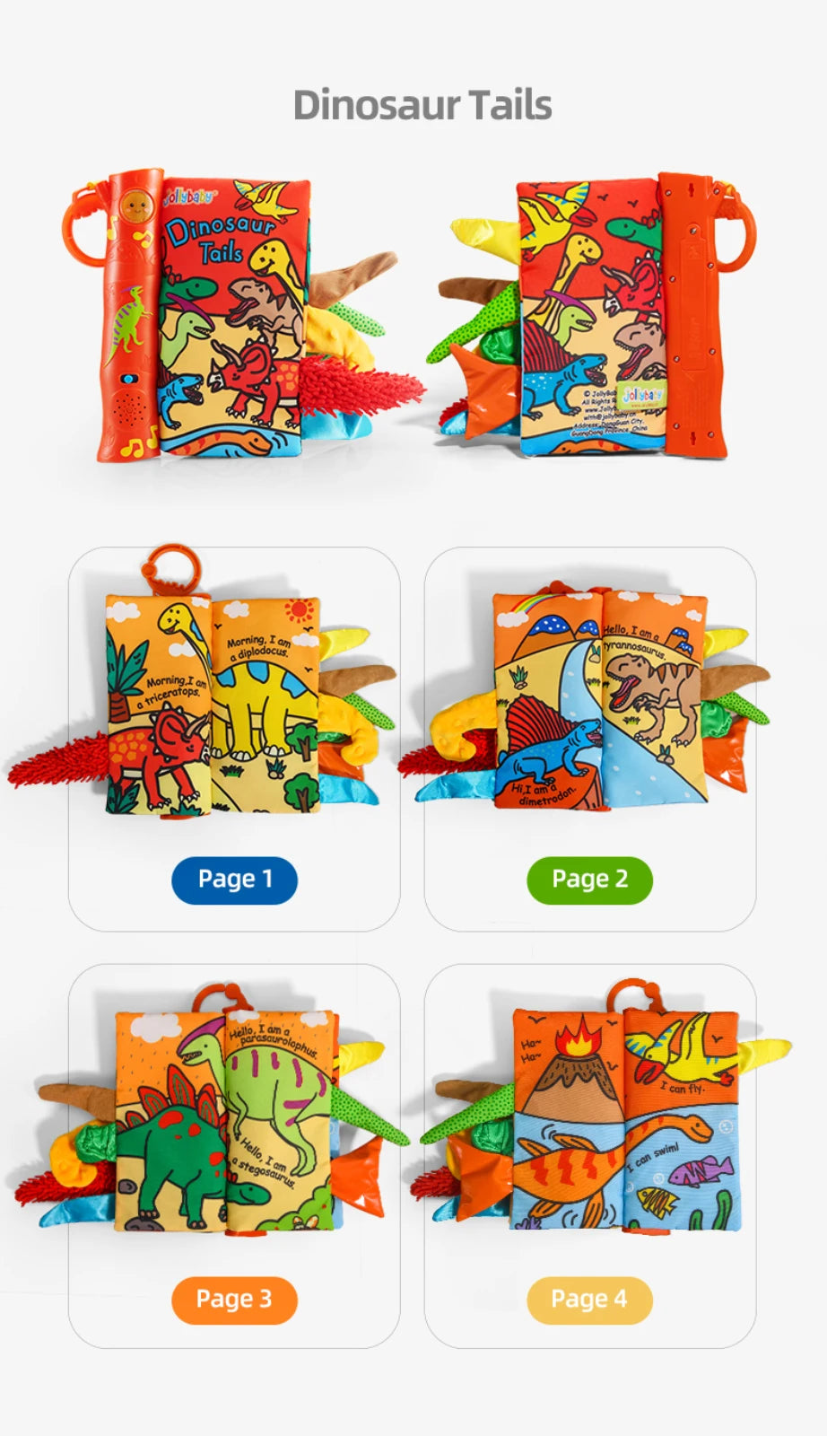 JOLLYBABY Tails English Learning Baby Educational Toys Baby Soft Cloth Book with Music Custom Logo Musical Book Farm Animal