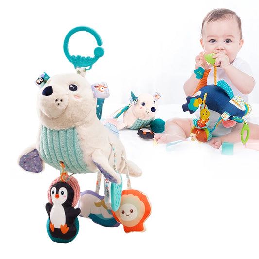 Custom Plush Animal Polar Bear woodpecker Rattle Montessori Pull String Toy Car Seat Stroller Hanging Toy Play Jitter Toys