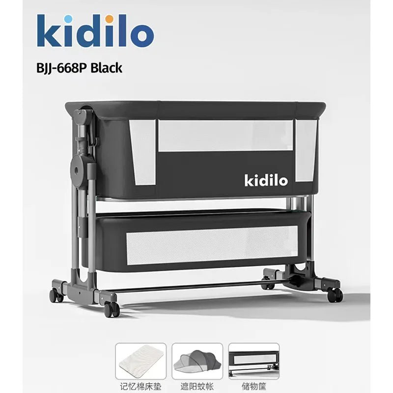 Newborn Foldable Portable Modern Kidilo Luxury Baby Crib, Convertible 3 in 1 Bedside Crib with Mosquito Net for Nursery BJ-668P