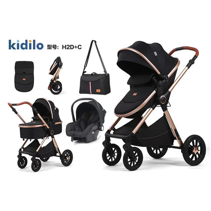 0-3 Years 3 in 1 Baby Stroller with Car Seat, Non-Toxic Durable Foldable Travel Stroller for Toddlers Family Trips H2D+C