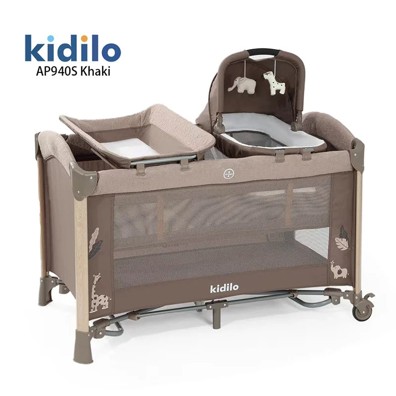 Kidilo Luxury 3-in-1 Convertible Bedside Crib Bed Newborn-Friendly Foldable Travel Play Baby Bed Mosquito Net for Bedroom AP940S