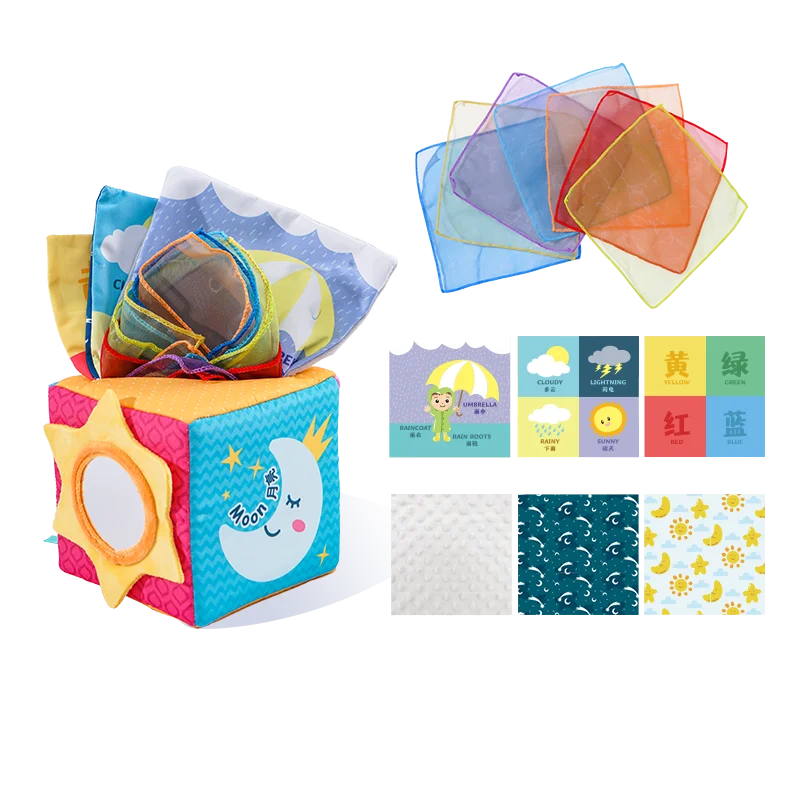 Jollybaby Custom Animal Infant Soft Sensory Magic square Tissue Box Toy Plush Toy Tissue Box and Handkerchief