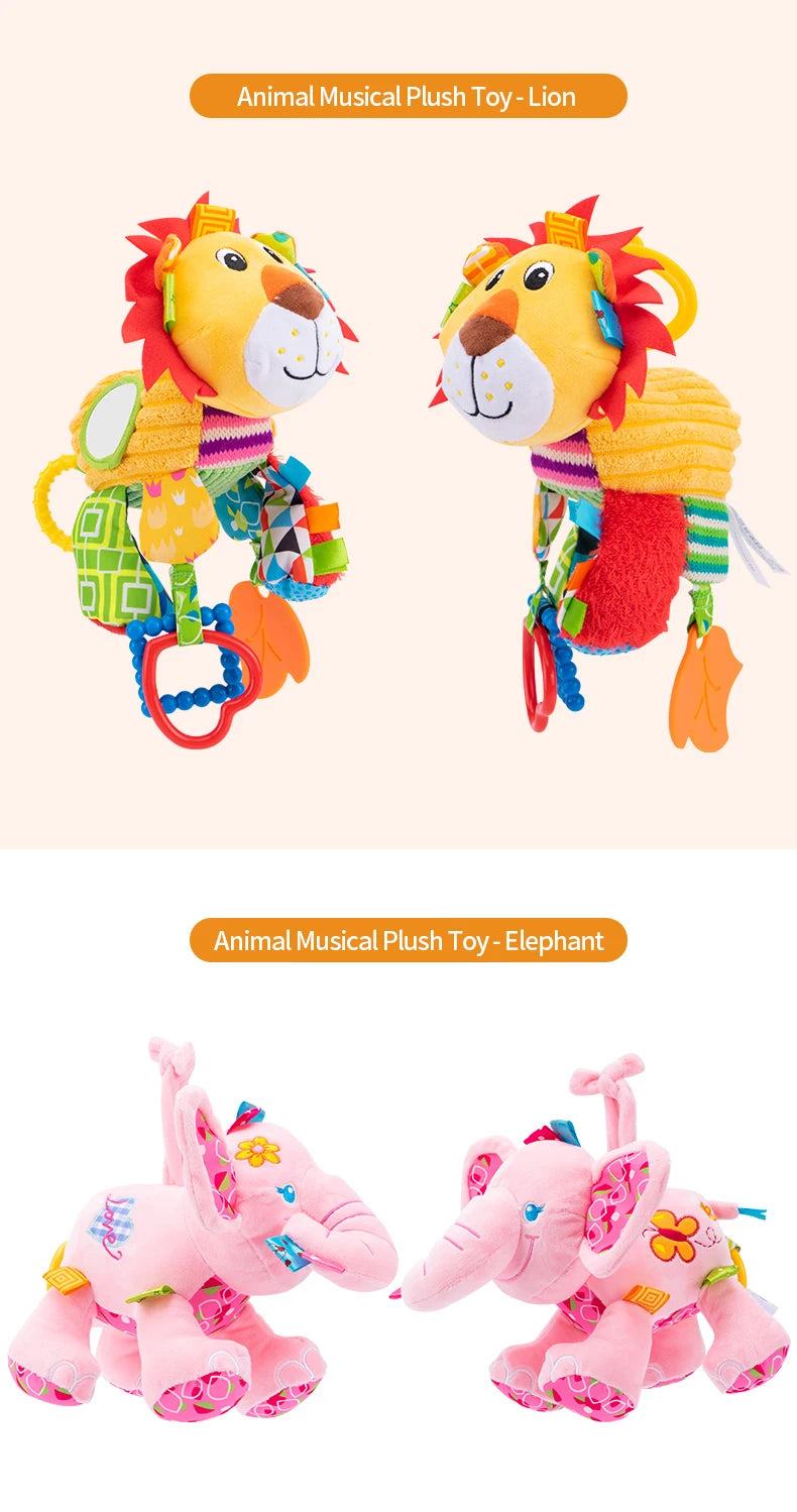 Jollybaby Soft Toy Rattles Hanging Animals Lion Elephant Zebra Horse Musical Toy for Baby's Stroller Car Seat PP Cotton Filling