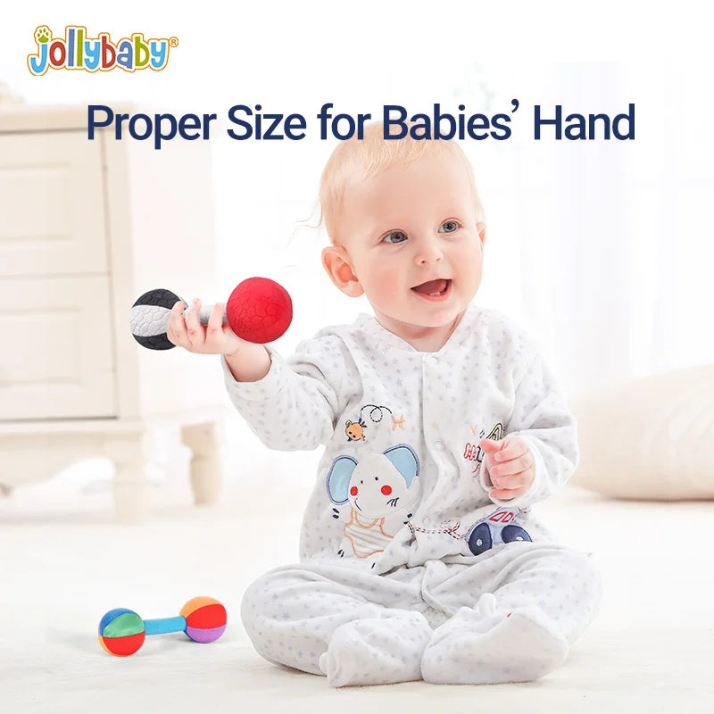Jollybaby Custom Wholesale Soft Baby Hand Rattles Early Educational Dumbbell Hands Shake Ring Bell for 0-24 Months