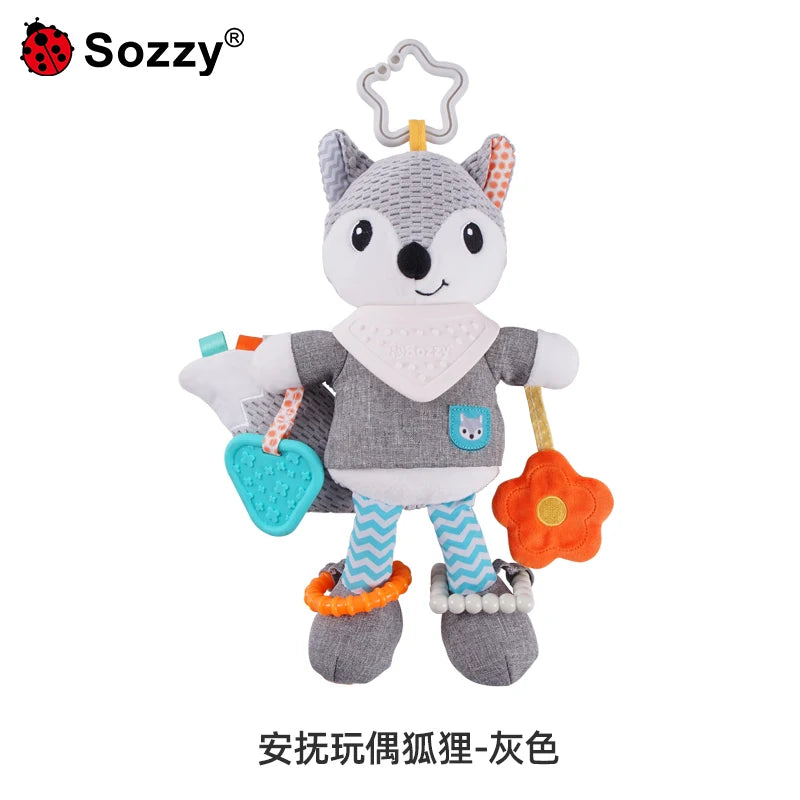 OEM Customizable Fox Baby Crib Plush Doll Soft Stuffed Animal Rattle with Teether Car Seat Stroller Hanging Toy