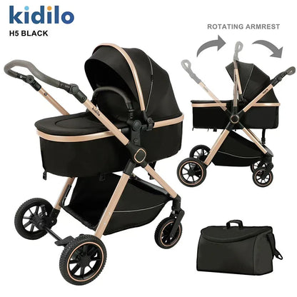 0-3 Years 3 in 1 Kidilo Baby Stroller with Car Seat, Non-Toxic Durable Foldable Travel Stroller for Toddlers Family Trips H5