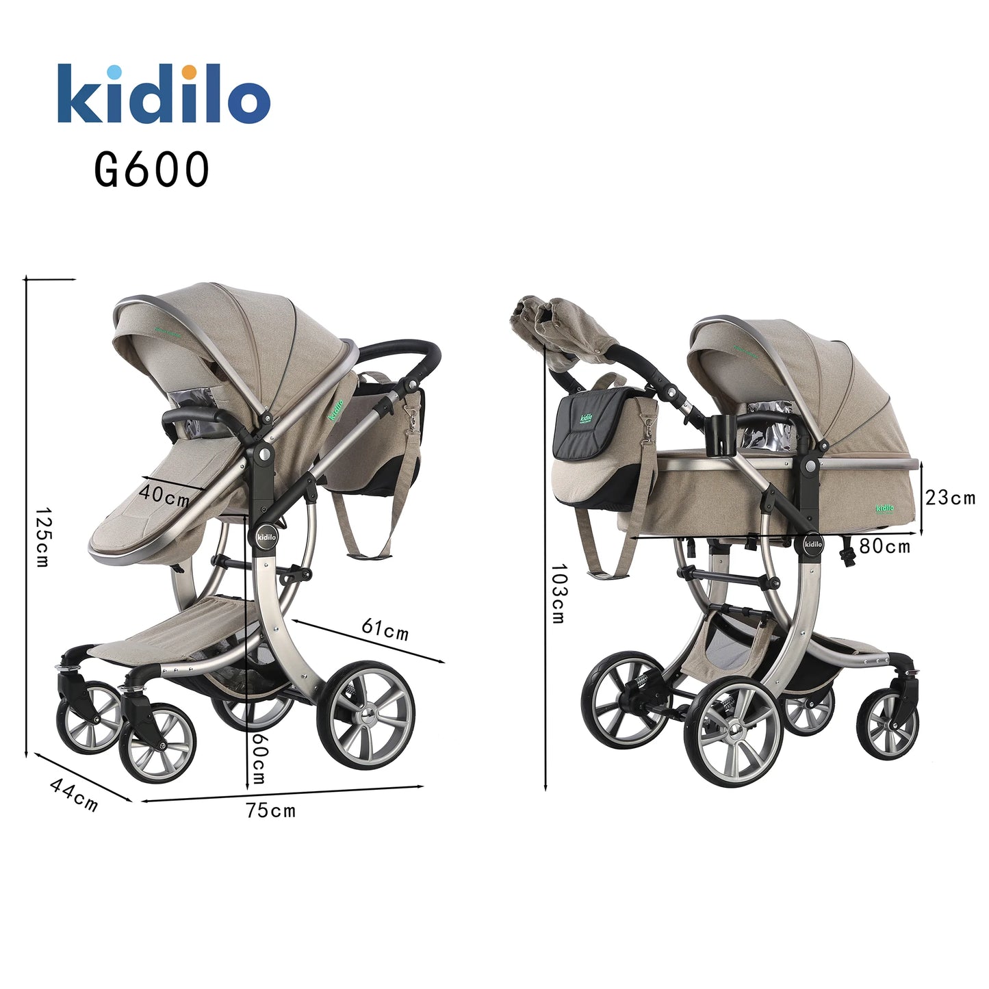 0-3 Years 3 in 1 Kidilo Baby Stroller with Car Seat, Non-Toxic Durable Foldable Travel Stroller for Toddlers Family Trips G600+C