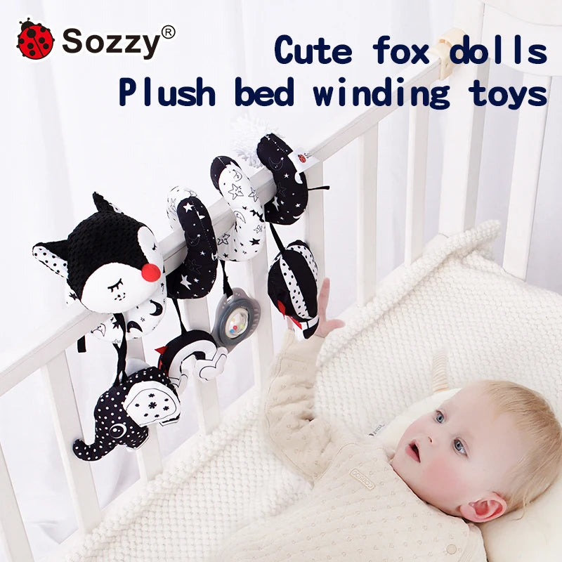 Custom Sozzy Soft Animal Fox Hanging Soft Animal Plush Baby Spiral Bed Toys Baby High Contrast Activity Stroller Toys
