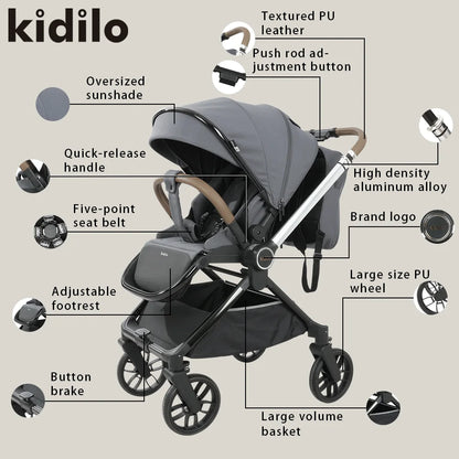 Kidilo Baby Stroller Multiple Luxury Travel Folding Wagon Baby Stroller 2 in 1 with Car Seat Set for Babies Wholesale D900 2B1