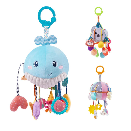 Jollybaby Custom Soft Activity Plush Toy Pull String Musical Sensory Hanging Toys for Toddlers Includes Teether Squeaker Set