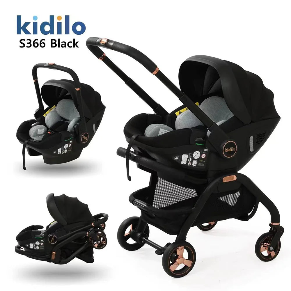 0-3 Years 3 in 1 Kidilo Baby Stroller with Car Seat, Non-Toxic Durable Foldable Travel Stroller for Toddlers Family Trips S366