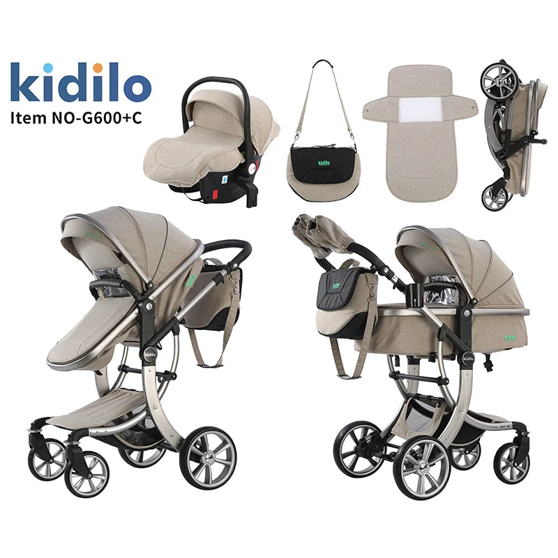 0-3 Years 3 in 1 Kidilo Baby Stroller with Car Seat, Non-Toxic Durable Foldable Travel Stroller for Toddlers Family Trips G600+C