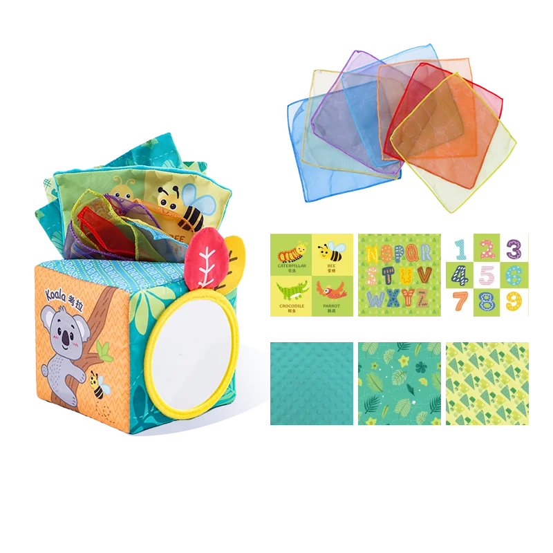 Jollybaby Custom Animal Infant Soft Sensory Magic square Tissue Box Toy Plush Toy Tissue Box and Handkerchief
