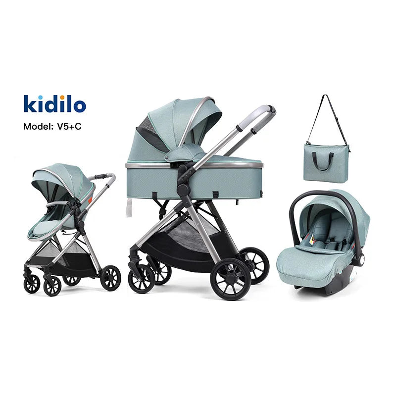 0-3 Years 3 in 1 Kidilo Baby Stroller with Car Seat, Non-Toxic Durable Foldable Travel Stroller for Toddlers Family Trips V5+C