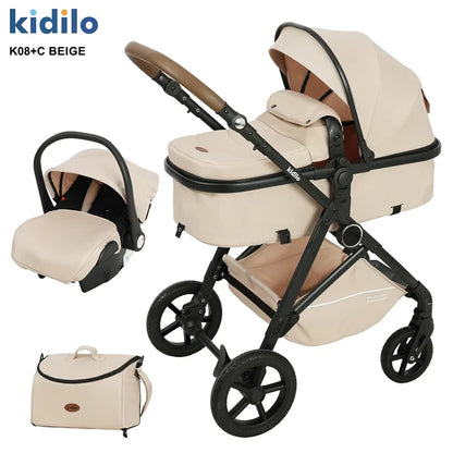 0-3 Years 3 in 1 Kidilo Baby Stroller with Car Seat, Non-Toxic Durable Foldable Travel Stroller for Toddlers Family Trips K08+C