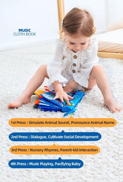 JOLLYBABY Tails English Learning Baby Educational Toys Baby Soft Cloth Book with Music Custom Logo Musical Book Farm Animal