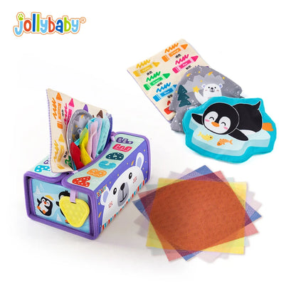 JOLLYBABY Baby Tissue Box Toys Montessori Toys for 6 Month Toys with Cloth Tissues Crinkle  Mirror Baby Gifts Christmas Stuffers