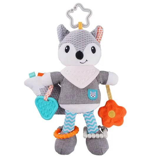 OEM Customizable Fox Baby Crib Plush Doll Soft Stuffed Animal Rattle with Teether Car Seat Stroller Hanging Toy
