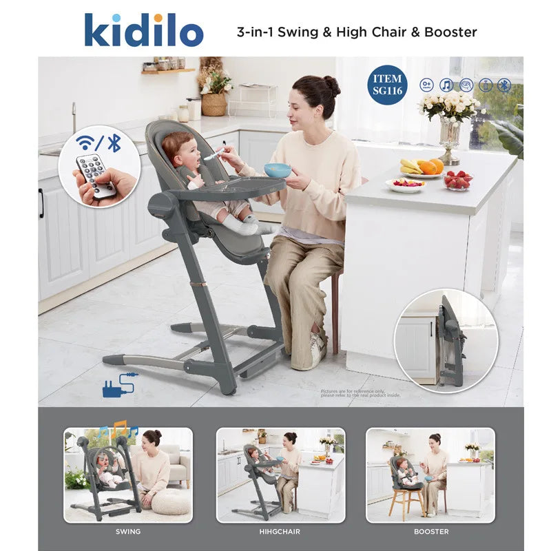 Kidilo 6-36 Months 3 in 1 Foldable Baby High Chair, Non-Toxic Feeding Chair for Home & Small-Space Toddler & Baby Dining SG116