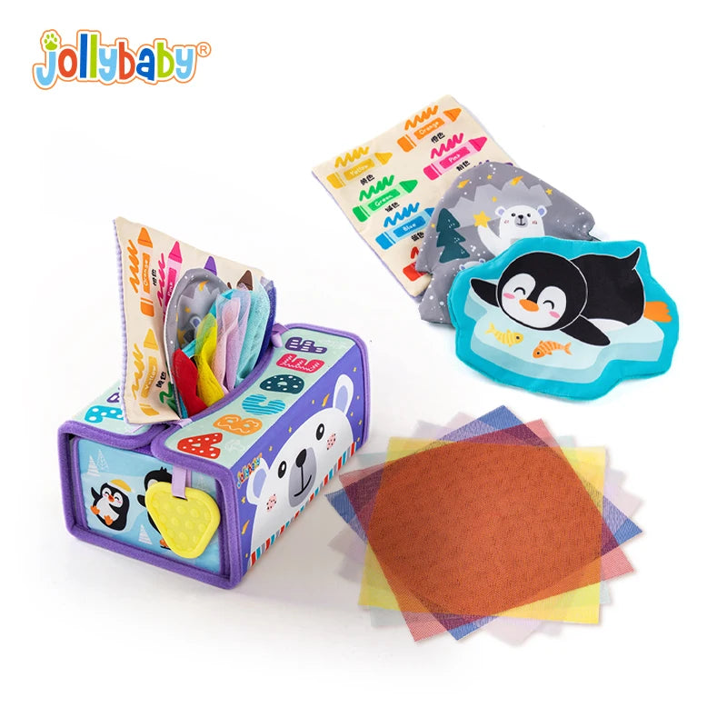 JOLLYBABY Baby Tissue Box Toys Montessori Toys for 6 Month Toys with Cloth Tissues Crinkle  Mirror Baby Gifts Christmas Stuffers