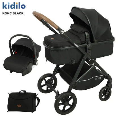 0-3 Years 3 in 1 Kidilo Baby Stroller with Car Seat, Non-Toxic Durable Foldable Travel Stroller for Toddlers Family Trips K08+C