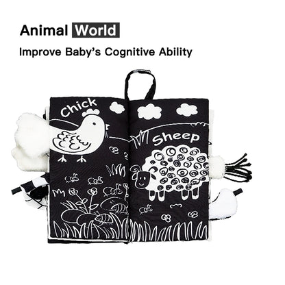 Jollybaby White Black Book Fabric Baby Animal Education Washable Tails Story Cloth Book for 0-12 Months