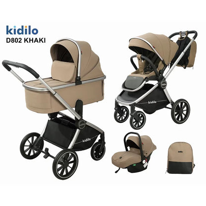 0-3 Years 3 in 1 Kidilo Baby Stroller with Car Seat, Non-Toxic Durable Foldable Travel Stroller for Toddlers Family Trips D802