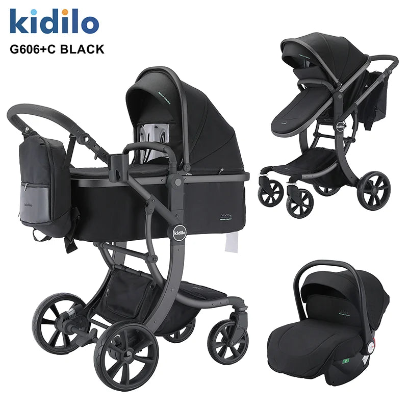 0-3 Years 3 in 1 Kidilo Baby Stroller with Car Seat, Non-Toxic Durable Foldable Travel Stroller for Toddlers Family Trips G606+C