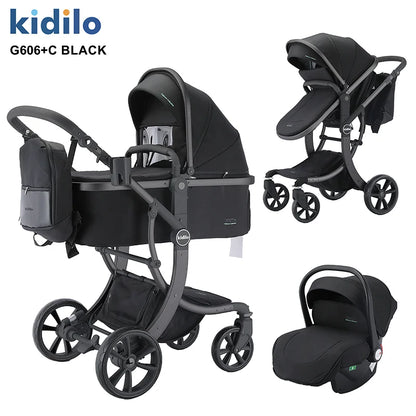 0-3 Years 3 in 1 Kidilo Baby Stroller with Car Seat, Non-Toxic Durable Foldable Travel Stroller for Toddlers Family Trips G606+C