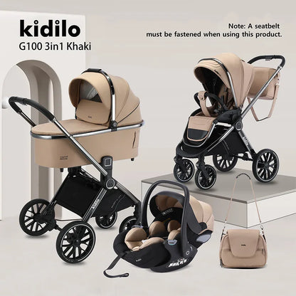 0-3 Years 3 in 1 Kidilo Baby Stroller with Car Seat, Non-Toxic Durable Foldable Travel Stroller for Toddlers Family Trips G100+C