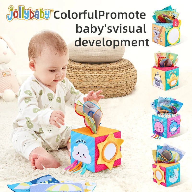 Jollybaby Custom Animal Infant Soft Sensory Magic square Tissue Box Toy Plush Toy Tissue Box and Handkerchief
