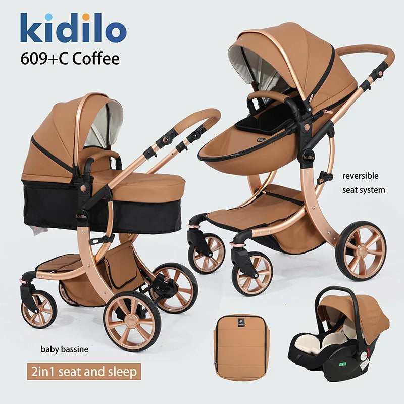 0-3 Years 3 in 1 Kidilo Baby Stroller with Car Seat, Non-Toxic Durable Foldable Travel Stroller for Toddlers Family Trips 609+C