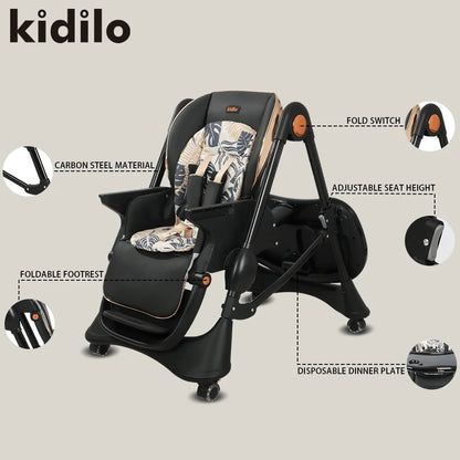 Kidilo 6-36 Months 3 in 1 Foldable Baby High Chair for Infants Non-Toxic Feeding Chair for Toddler Home Small Space Dining KD202