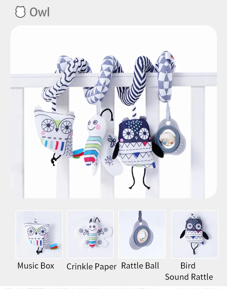 Sozzy Grey Plush Activity Spiral Baby Hangings Custom Logo Soft Musical Toy for Stroller Car Seat Crib