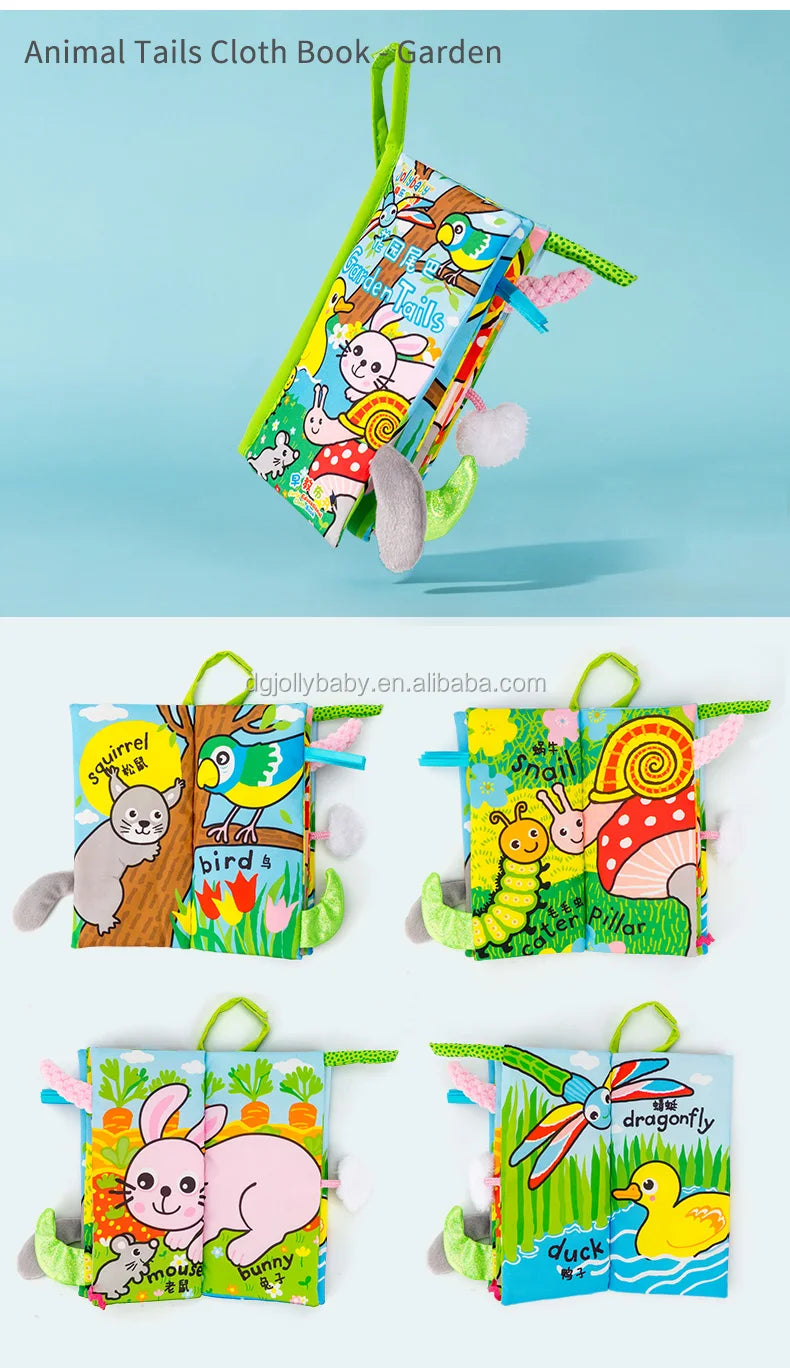 Jollybaby Custom 3D Animal Tail Soft Cotton Cloth Learning Book Cloths Made Baby Sensory Crinkle Cloth Book Set Educational Toy
