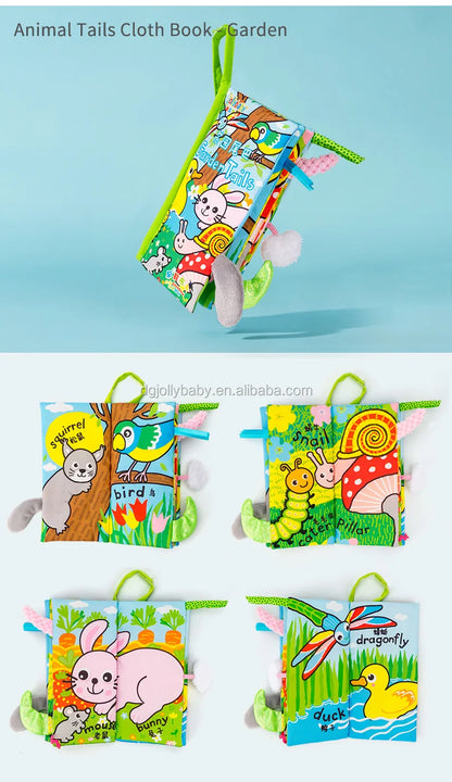 Jollybaby Custom 3D Animal Tail Soft Cotton Cloth Learning Book Cloths Made Baby Sensory Crinkle Cloth Book Set Educational Toy